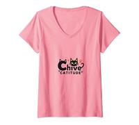 Chive Catitude: Sassy Cat Lover Design con Impronte di Zampe Maglietta con Collo a V, Donna, Rosa, S