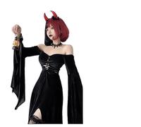 CHJIEXDEC Europeo e americano scuro gotico costume di Halloween strega vampiro triste mietitore abito nero, Vestito+piccolo Corno Rosso, Medium