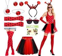 CHMMY Costume da coccinella da donna, 9 pezzi, costume da coccinella, rosso, nero, a pois, per Halloween, carnevale, cosplay e feste di animali
