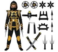 CHMMY Costume Ninja Bambino Dorato Costume Carnevale per Bambini, Completo con Armatura, Spade e Shuriken per Ragazzi e Ragazze (M)