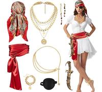 CHMMY Disfraz Pirata Mujer, Accesorios De Pirata Con Bandana Pirata, Puñal, Cinturón, Parche En El Ojo, Collar, Pulsera, Cadena De Cintura, Para Fiesta Pirata De Halloween, Cosplay, Carnaval