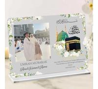 CHMMY Regalo Personalizzato Umrah Mubarak, Regalo Fotografico Personalizzato Hajj per la Famiglia, Eid Ramadan, Regali Islamici, Personalizza Foto, Nome e Mese, Targa Acrilica Floreale con Supporto