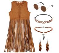 CHMMY Set di Vestito Hippie Donna Costume Hippie Anni 60 70 Donna Ragazza Gilet con Frange Accessori Hippie Carnevale Discoteca Festa di Halloween Natale (XL)