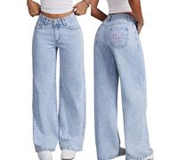 Chmnigma Jeans Baggy per Donna e Ragazze Adolescenti, Jeans con Fiocco, Jeans a Vita Alta, Gamba Dritta, Pantaloni Carini, Abbigliamento Casual Preppy, Blu 2, XS