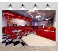 CHNBGPRO 2.1m x 1.5m American Restaurant Sfondo Retro anni '50 Rock Diner Rosso Interni Classico Anni '50 Bar Scacchiera Piano Locale Diner Sfondo anni '50 Compleanno Festa di Nozze Decor Studio Photo