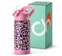Choco Mocha Borraccia termica per bambini con cannuccia, in acciaio inox, con manico, 400 ml, leopardo rosa