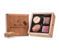 CHOCOLISSIMO - Cioccolatini da Regalare in una Scatola di Legno - Idee Regalo di Compleanno per Uomini, Donne, Papà, Mamme e Fidanzate - Praline Con Alcol e Scritta Alles Gute Zum Geburtstag