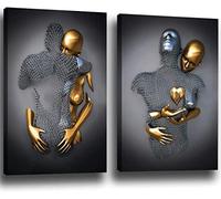 chongjian Amore Cuore 3D Grigio Tela Murale Arte Moderna 3D Astratto Abbraccio Decorazione da parete Bianco e Nero Scultura Effetto Soggiorno Decorazione Senza Cornice (Oro, 16x24in)