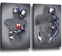 chongjian Amore Cuore 3D Grigio Tela Murale Arte Moderna Pittura 3D Astratta Abbraccio Decorazione da parete Bianco e Nero Scultura Effetto Soggiorno Decorazione Senza Cornice (Rosso, 16x24in)