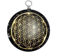 CHONIT - Ciondolo in orgonite, collana con cristalli con simbolo fiore della vita e collare e borsa, protezione MF, ciondolo a forma di Reiki, colore: Black Tourmaline (Schwarz), cod. CHO-000002-2019