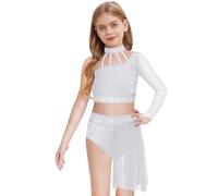 Choomomo Bambini Ragazza Body Ginnastica Paillettes Vestito Balletto Balletto Una Manica Lungo Pattinaggio Vestito e Tutù Gonna Costume Show 5-16 Anni Bianco 7-8 anni