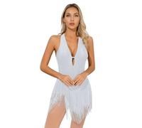 Choomomo Donna Vestito Latino Americano Abito da Ballo con Paillettes a Frange Body da Ginnastica Artistica Tuta Danza Pattinaggio Dancewear S-XXL Bianco B XXL