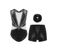 Choomomo ragazza Set da ginnastica a tre pezzi Body Pattinaggio artistico Gare Bambini Balletto Body Danza Spettacolo in costume 5-16 anni Bianco nero 9-10 anni