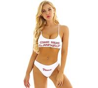 Choomomo Set di Bikini da Donna Completi Intimi con Lettere Come Here Daddy Sexy Crop Top con Maniche Corte Perizoma G-String Tang Thong Costume da Bagno Mare Spiaggia Bianco XL