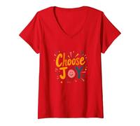 Choose Joy Stampa retrò ispiratrice per Gli Amanti della positività Maglietta con Collo a V, Donna, Rosso, XL