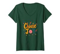 Choose Joy Stampa retrò ispiratrice per Gli Amanti della positività Maglietta con Collo a V, Donna, Verde Foresta, XXL
