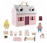 Chosertory Casa Delle Bambole in Legno Pieghevole con Chiusura Elastica Due Livelli E Set Completo di Arredi con Letto Vasca Toeletta E Sedie Favorisce Creatività E Socialità Adatta per Bambini Casa