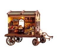 Chosertory Casa Miniatura in Stile Carrozza con Barra di Traino E Ruote Decorative Kit Manuale in Legno E Tessuto Illuminazione LED con Interruttore Touch Suoni Adatta per Libreria Ufficio Soggiorno