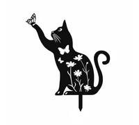 Chosertory Picchetto da Giardino Silhouette Animale Steccola Prato Decorativa Metallo Anticorrosione Penetrazione Facile Nel Suolo, Gatto Con Farfalla Sulla Zampa, Fiori E Farfalle Sul Corpo