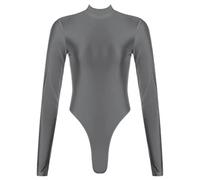 CHOUBAGUAI Costume da bagno intero da donna lucido a maniche lunghe costume da bagno sexy con scollo a lupetto posteriore cerniera a taglio alto perizoma body costumi da bagno grigio scuro, M