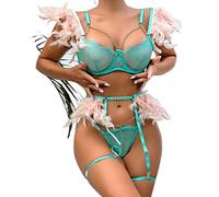 CHOUBAGUAI Piume 3 pezzi Lingerie Set reggiseno in pizzo trasparente da donna Set di reggiseno alla moda con catene Costumi deluxe-verde, L