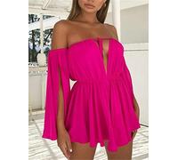 CHOUX Donne off-Shoulder Halter Tie-up Dress Sexy Solid Long Slit Sleeve Mini Pleated Beach Dress Party Club Evening Wear-Rose Red,S