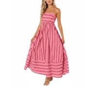 chouyatou Abito Lungo da Donna con Spalle Scoperte, Abito Svasato con Striscia, Abito Lungo Sexy con Spalline Sottili, Abito Fluido a Campana, Rosso cocomero, XL