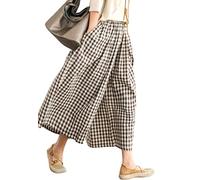chouyatou - Pantaloni da donna in cotone e lino, elastico in vita, a quadri, stile Gingham, a gamba larga, capri, palazzo, Marrone caffè., XX-Large