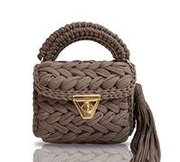 CHQEL - Pochette da sera da donna, fatta a mano all'uncinetto, borsa per festa di nozze, con piccola patta, a tracolla, Marrone