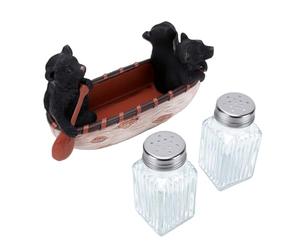 Chrees Set di Bicchieri in Resina con Canoa per Orso e Saliera e Pepiera | Dispenser per Condimenti, Base in Resina, Contenitori in Vetro, Decorazioni Rustiche per Cabina, Coperchi con Tappo a Vite,