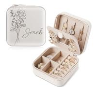 Chrifansi Portagioie personalizzato da viaggio, in pelle, piccolo, regalo personalizzato per donne e ragazze, nome e mese di nascita dei fiori (bianco con specchio)
