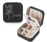 Chrifansi Portagioie personalizzato da viaggio, in pelle, piccolo, regalo personalizzato per donne e ragazze, nome e mese di nascita dei fiori (nero con specchio)
