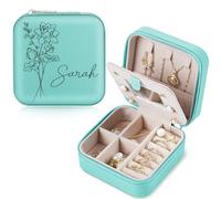 Chrifansi Portagioie personalizzato da viaggio, in pelle, piccolo, regalo personalizzato per donne e ragazze, nome e mese di nascita dei fiori (verde con specchio)