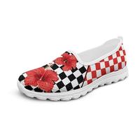 Chririnla Blossoms Mocassini da donna Slip On Fashion Checkerboard Sneakers Comfort Memory Foam Autunno Scarpe da lavoro ufficio, Scacchiera Ibisco Rosso, 36 EU