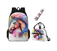 Chririnla Set 3 in 1 zaino per la scuola per bambini con doppia cerniera + portapranzo isolato + portachiavi, per asilo, primario, medio, Cavallo, Zaini Daypack