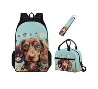 Chririnla Set 3 in 1 zaino per la scuola per bambini con doppia cerniera + portapranzo isolato + portachiavi, per asilo, primario, medio, Bassotto Cane e Fiore, Zaini Daypack