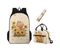Chririnla Set 3 in 1 zaino per la scuola per bambini con doppia cerniera + portapranzo isolato + portachiavi, per asilo, primario, medio, Carino Capibara e Girasoli, Zaini Daypack