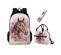Chririnla Set 3 in 1 zaino per la scuola per bambini con doppia cerniera + portapranzo isolato + portachiavi, per asilo, primario, medio, Fiore Rosa Cavallo, Zaini Daypack