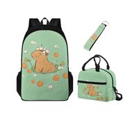 Chririnla Set 3 in 1 zaino per la scuola per bambini con doppia cerniera + portapranzo isolato + portachiavi, per asilo, primario, medio, Capibara dei cartoni animati, Zaini Daypack