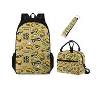 Chririnla Set 3 in 1 zaino per la scuola per bambini con doppia cerniera + portapranzo isolato + portachiavi, per asilo, primario, medio, Camion di ingegneria, Zaini Daypack