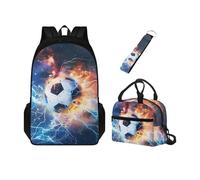 Chririnla Set 3 in 1 zaino per la scuola per bambini con doppia cerniera + portapranzo isolato + portachiavi, per asilo, primario, medio, Calcio, Zaini Daypack
