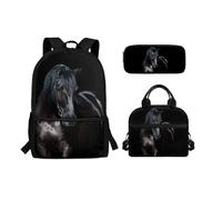 Chririnla Set di 3 zainetti per bambini, motivo: lupo, borsa per il pranzo, astuccio per matite e libri prescolari, Cavallo nero, Zaini Daypack