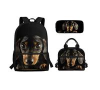 Chririnla Set di 3 zainetti per bambini, motivo: lupo, borsa per il pranzo, astuccio per matite e libri prescolari, Cane Bassotto Nero, Zaini Daypack