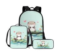 Chririnla Set di 3 zaini per bambini per la scuola elementare + borsa termica per il pranzo + borsa portapenne, borsa per libri, Carino Cartoon Lontra, Zaini Daypack