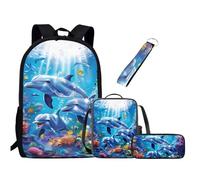 Chririnla Set di 4 zaini per la scuola per ragazzi e ragazze, borsa per libri da 43 cm + astuccio per penne + portachiavi per il rientro a scuola, Delfino Oceano Animale Sotto Acqua, Zaini Daypack