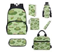 Chririnla Set di 7 borse termiche per il pranzo, borsa portapenne, portachiavi, copertina per libri, portabottiglie, per rientro a scuola, Cartoon Frog Verde, Zaino per bambini