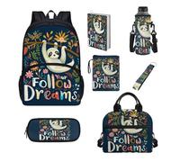 Chririnla Set di 7 borse termiche per il pranzo, borsa portapenne, portachiavi, copertina per libri, portabottiglie, per rientro a scuola, Divertente bradipo, Zaino per bambini