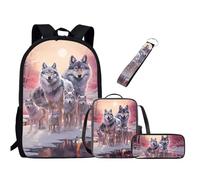 Chririnla Zaino da scuola per ragazzi e ragazze, portapranzo, astuccio per penne, portachiavi, 4 pezzi, Lupo Famiglia Anim, Zaini Daypack
