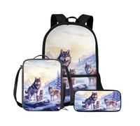 Chririnla Zaino per bambini con lupo cartone animato, set da 3 pezzi, zaino da viaggio, Famiglia lupo, Zaini Daypack