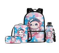 Chririnla Zaino per la scuola con animali dei cartoni animati, 4 pezzi, con borsa per il pranzo, portapenne, porta bottiglia d'acqua, zaino per ragazzi e, Astronauta Axolotl, Taglia unica, Zaini